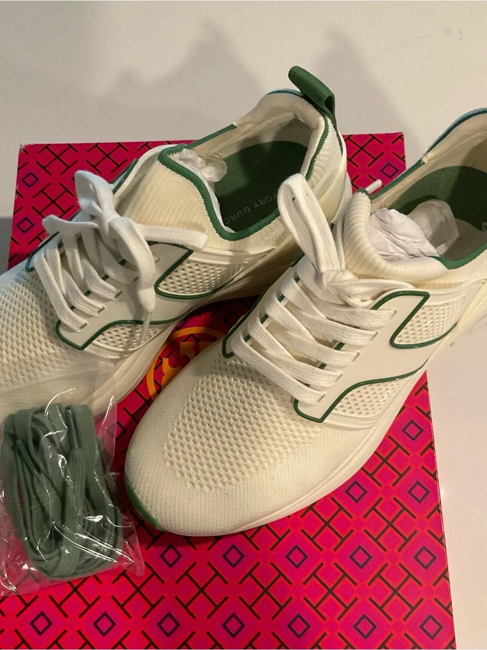 Tory Burch T Sock Runner Sneakers in Ivory with Green Trim